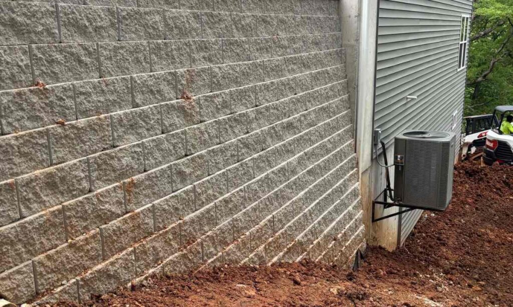 Close up of retaining wall foundation against St. Louis clay soil near home HVAC unit, built by Retaining Wall & Paving Solutions during dry season for stability