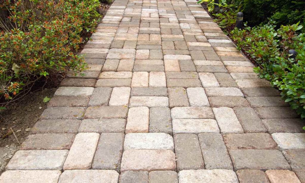 Straight walkway built with interlocking brick pavers, bordered by greenery, showcasing durable paver installation for freeze-thaw resistance.