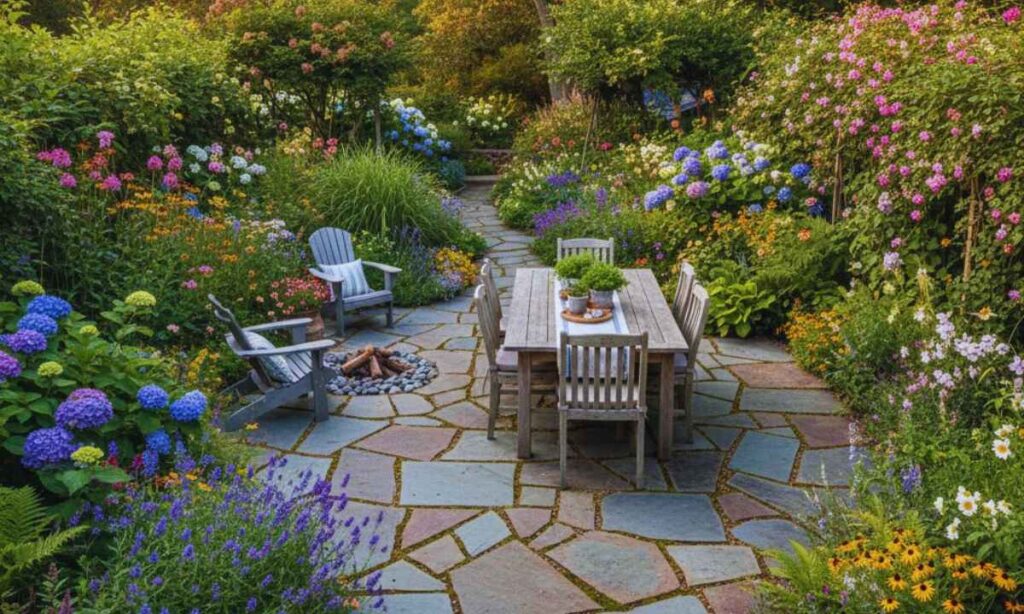 Rustic natural stone patio with irregular flagstone pavers near Forest Park, St. Louis 