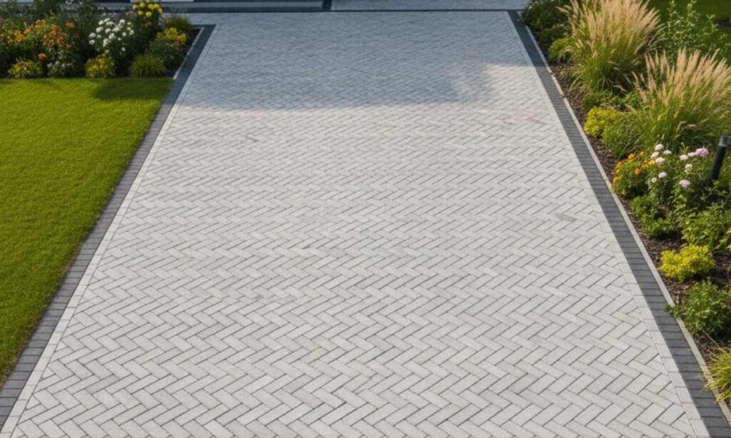 Driveway-strength patio using herringbone brick paver layout in a St. Louis yard 
