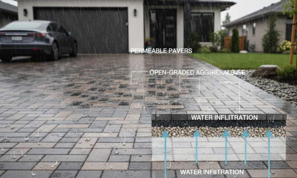 A modern permeable paver driveway during a rainstorm, with overlaid labels showing water infiltration through the pavers and open-graded aggregate base. Arrows illustrate how rainwater filters down into the layers, preventing surface runoff near a home’s garage and landscaped front yard.