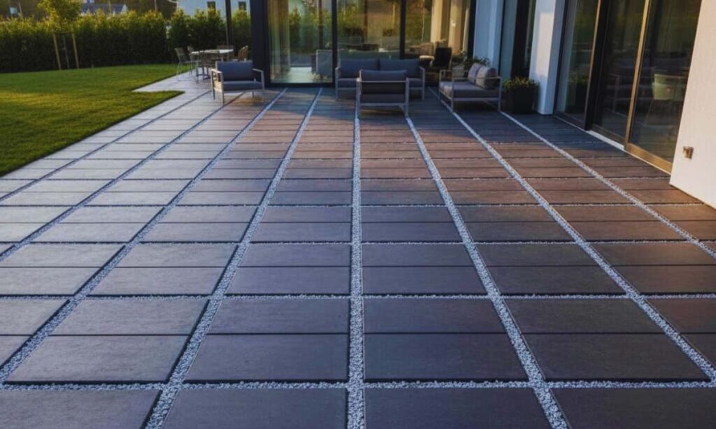 Contemporary grid-style paver patio with gravel joints in Chesterfield, Missouri home