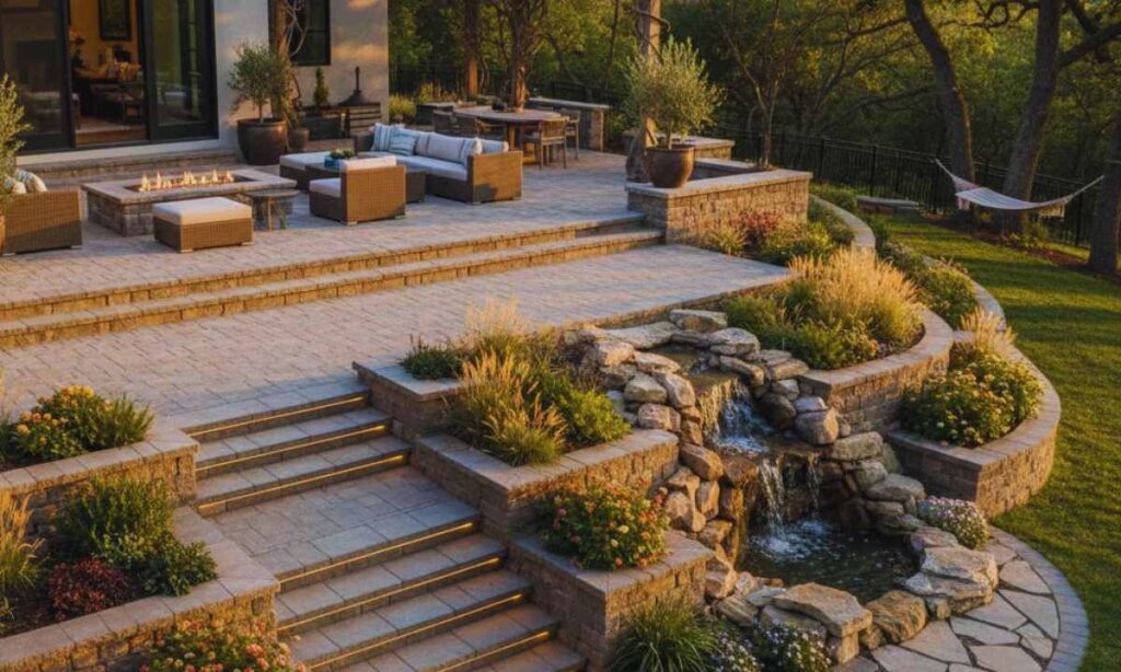 Spacious modern paver patio with large stone slabs, outdoor seating, and privacy landscaping, showing a clean design style suitable for St. Louis backyards.