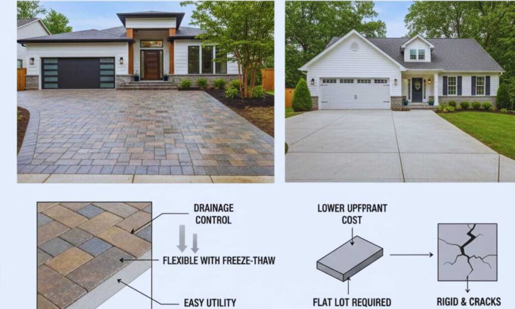 Side-by-side image comparing a modern paver driveway with a smooth concrete driveway, including illustrated pros and cons—pavers showing benefits like drainage control and freeze-thaw flexibility, while concrete highlights low upfront cost but risks cracking and rigid installation on uneven lots.