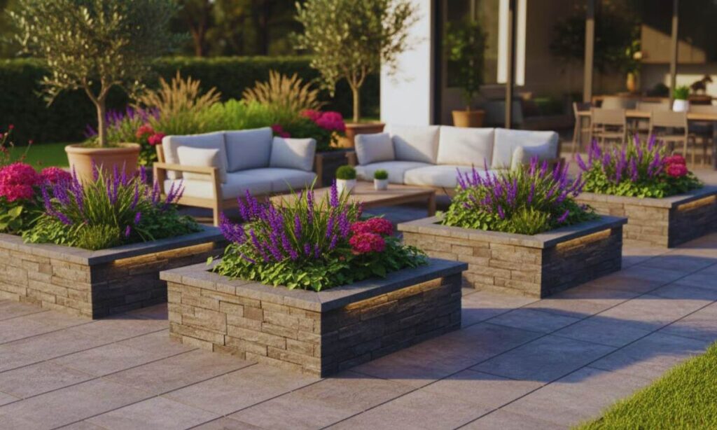 Raised border garden planters framing a paver patio in a St. Louis residential yard 