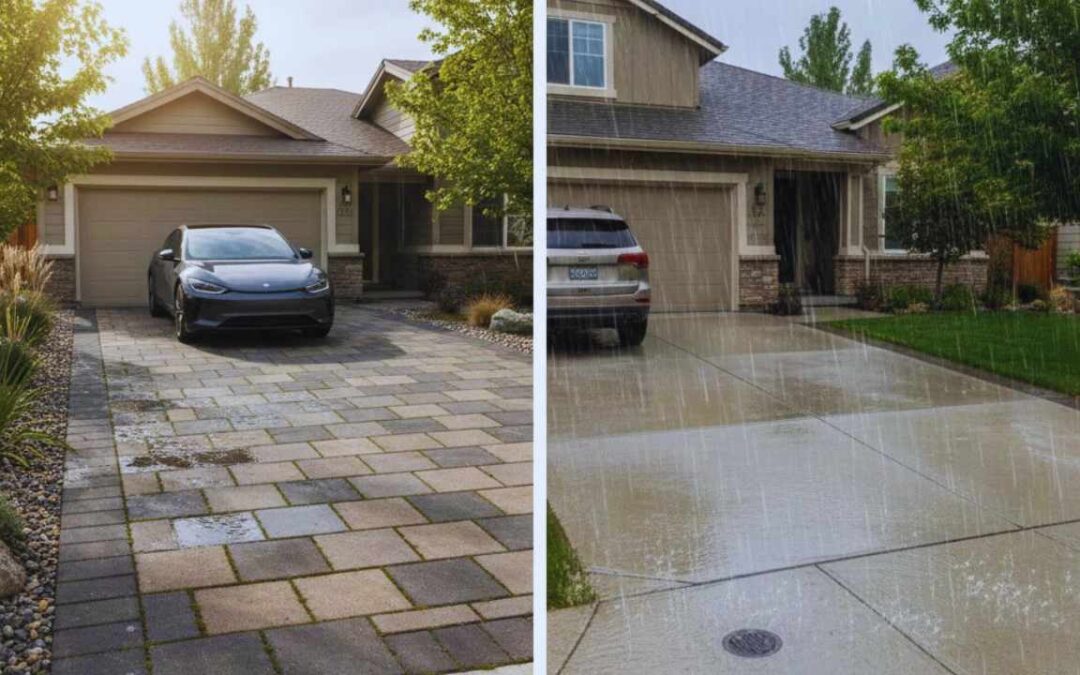 Side-by-side comparison of a permeable paver driveway and a concrete driveway at a St. Louis home, showing drainage performance during dry and rainy conditions