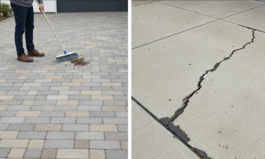Left: A person sweeps leaves off a clean, well-maintained paver driveway with subtle colour variation. Right: A concrete driveway with a long, uneven crack filled with black sealant, showing wear and structural failure.