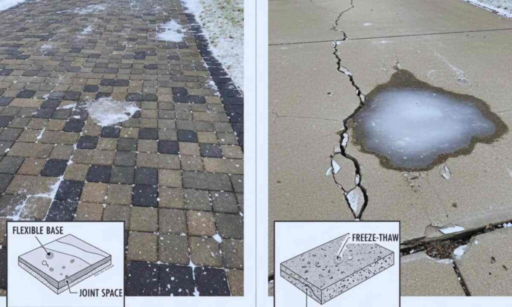 Side-by-side comparison of a winter driveway with interlocking pavers on the left and cracked concrete on the right, showing freeze-thaw resilience differences; inset diagrams highlight “flexible base” under pavers and “freeze-thaw” damage in concrete.