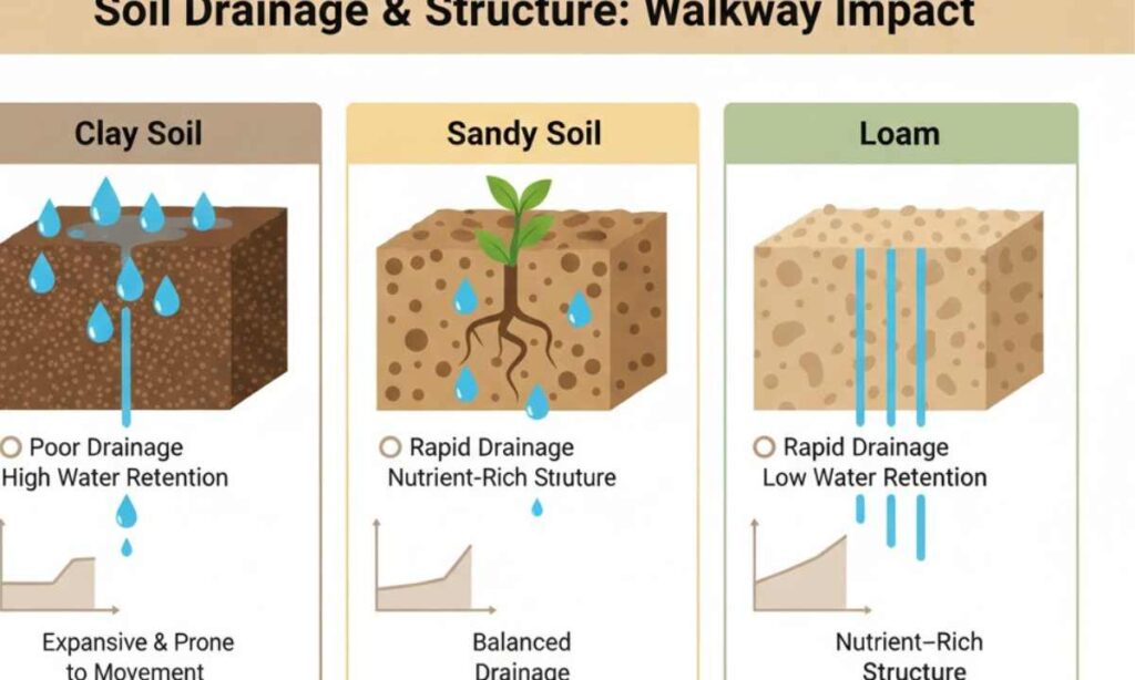 Comparison showing clay holding water longer than sandy or loamy soil and causing more ground movement