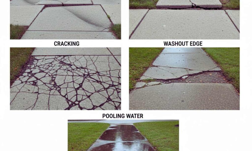 Examples of walkway sinking, heaving, cracking, washouts, and pooling water in St. Louis yards
