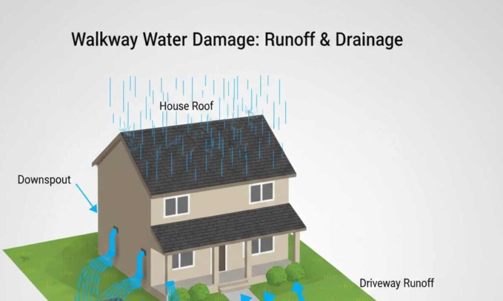 Diagram showing downspouts, driveway runoff, and yard slope sending water toward a walkway