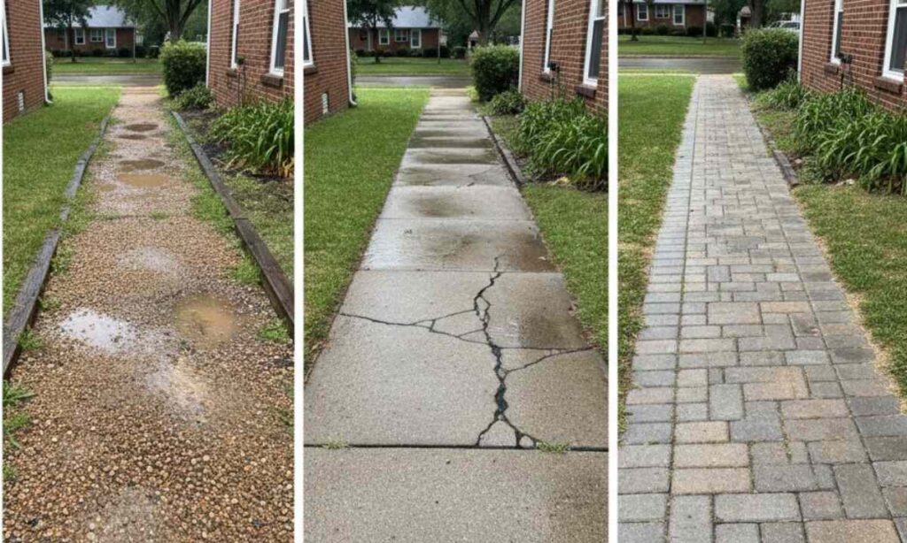 Comparison of gravel, concrete, and paver walkways showing typical performance issues in St. Louis conditions