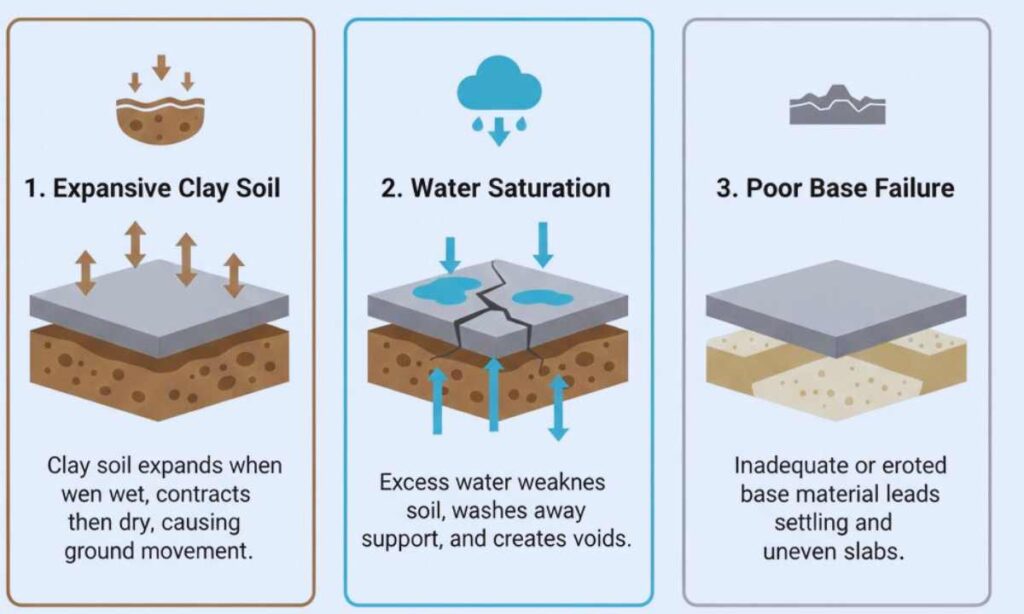 Diagram showing clay soil movement, water saturation, and base failure causing walkway damage