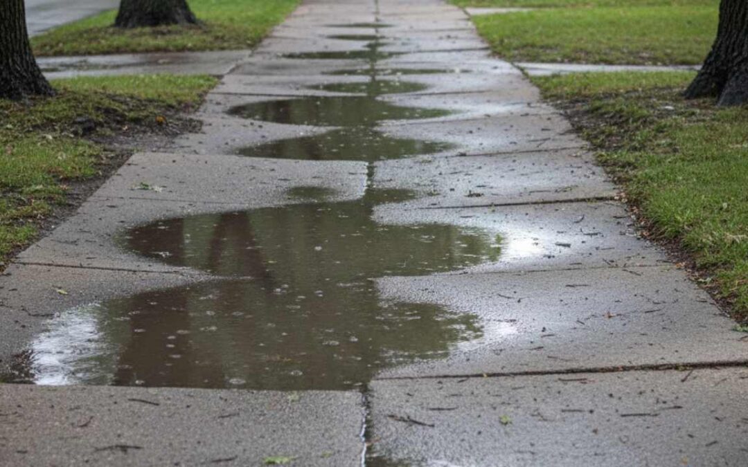 Uneven walkway in St. Louis showing sinking and pooling water after rainfall