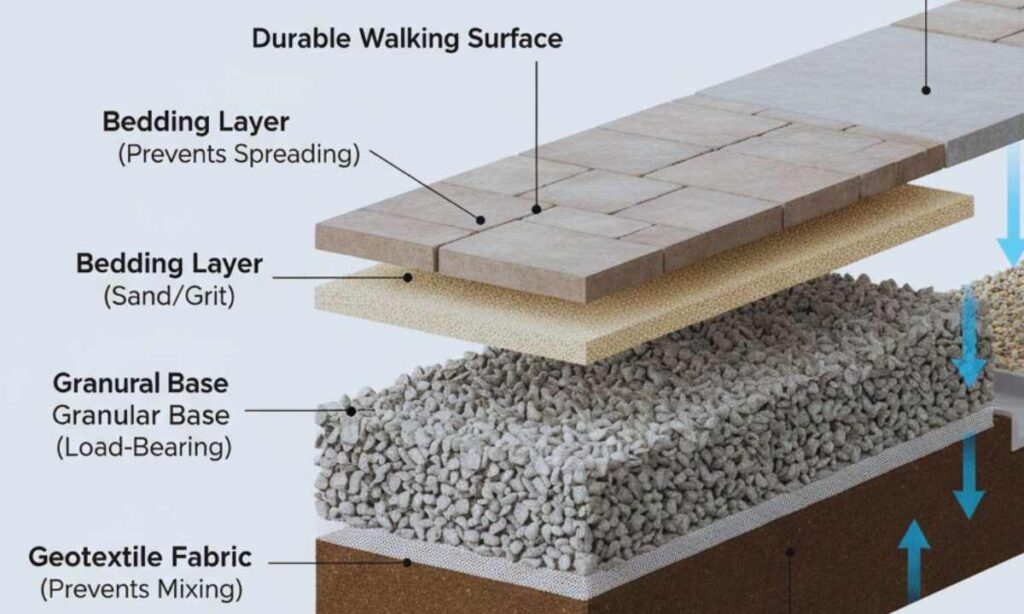 Cross section showing engineered base, edge restraint, and drainage path that prevent walkway settling and heaving