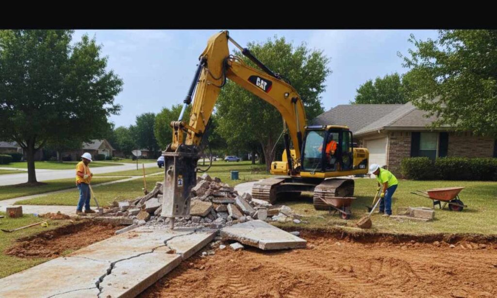 Old concrete walkway being demolished and removed before new installation