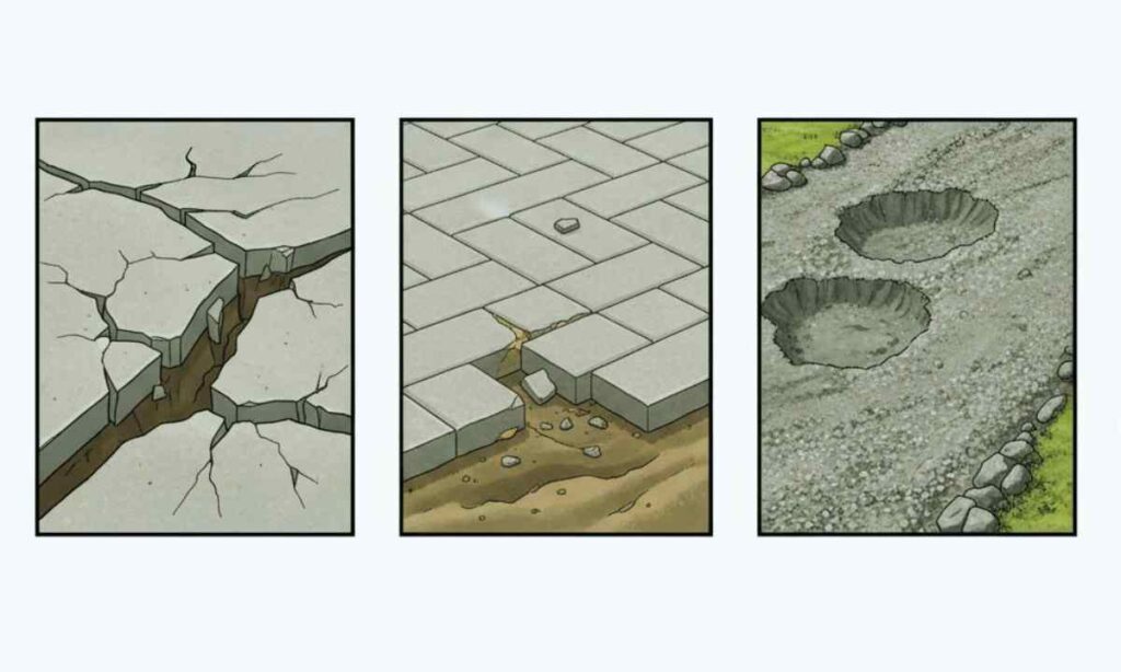 Concrete cracking, adjustable paver walkway, and gravel path showing long-term wear in St. Louis conditions