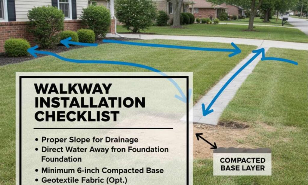 Checklist overlay showing drainage paths, slope, and base preparation for a walkway