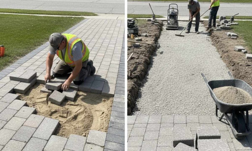 Side-by-side comparison of walkway repair versus full replacement in a residential yard