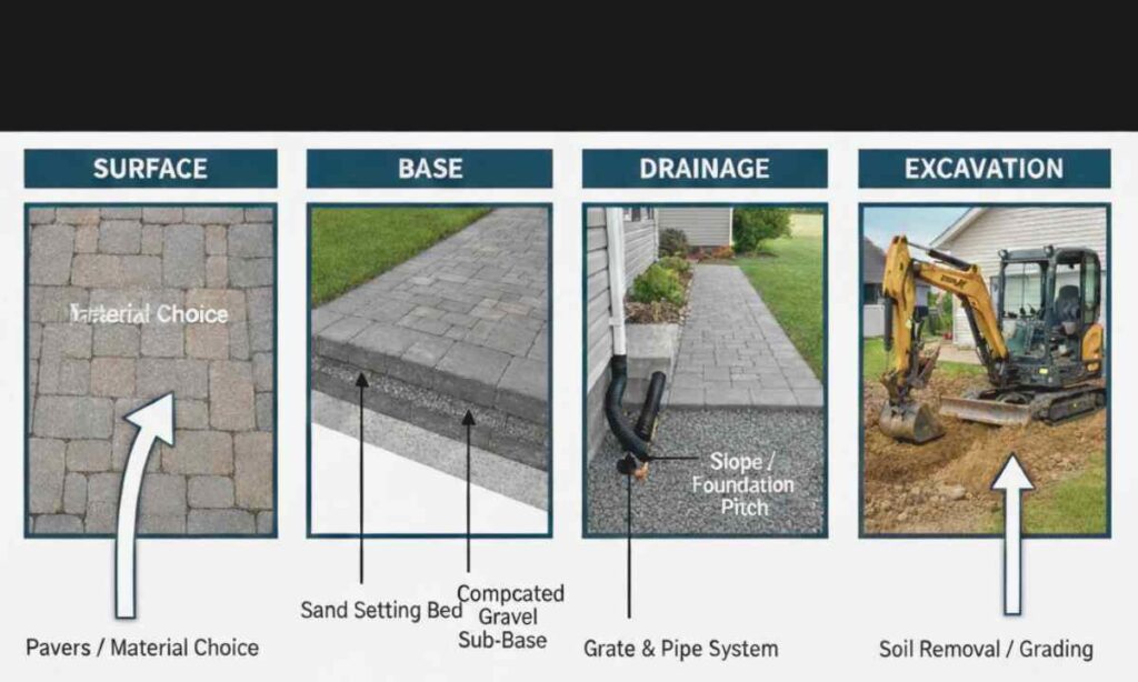 Diagram showing surface material, base depth, drainage layer, and excavation under a walkway