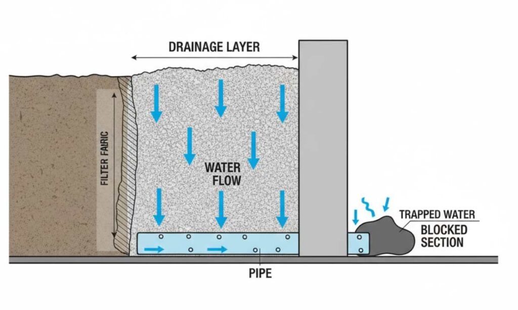 retaining wall drainage system showing gravel backfill pipe and water flow
