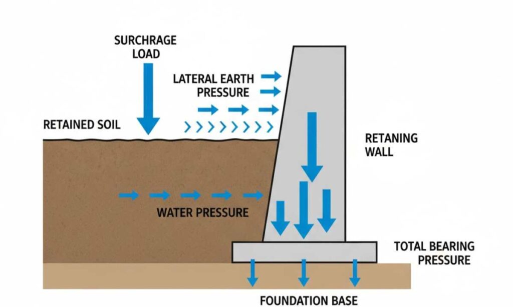 retaining wall load path diagram showing soil pressure surcharge and water forces