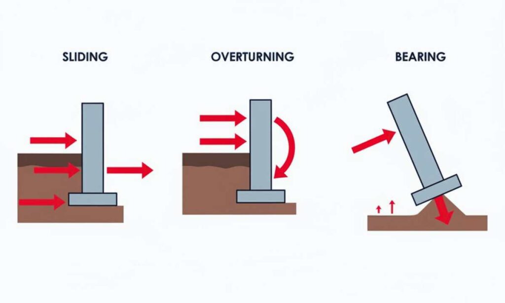 diagram showing retaining wall sliding overturning and bearing failure modes