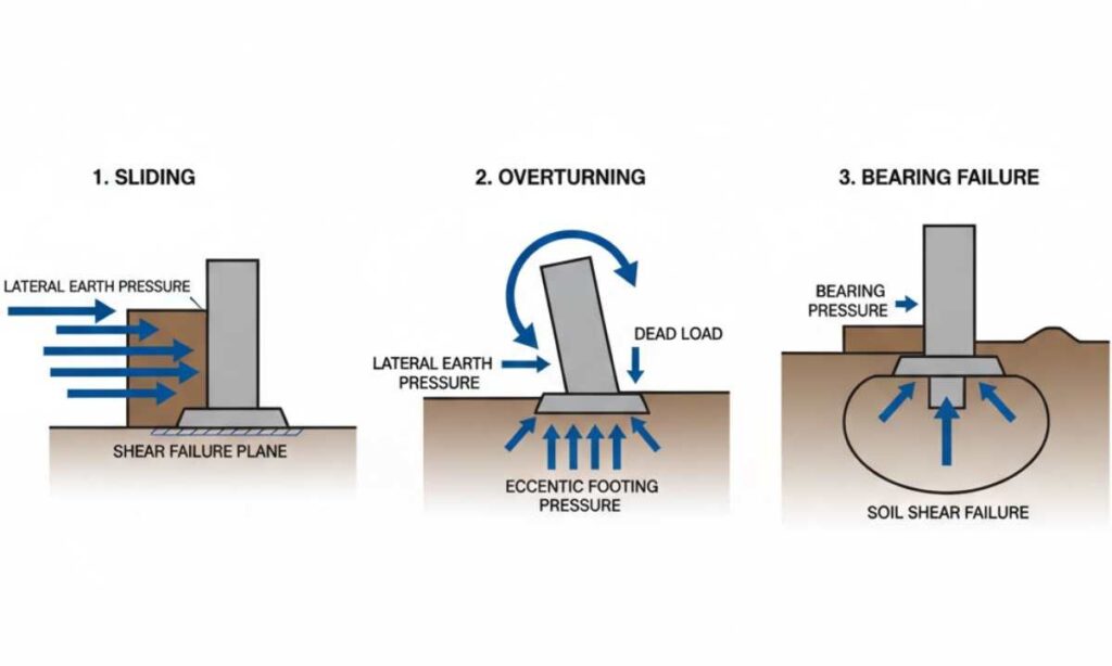 retaining wall diagram showing sliding overturning and bearing failure