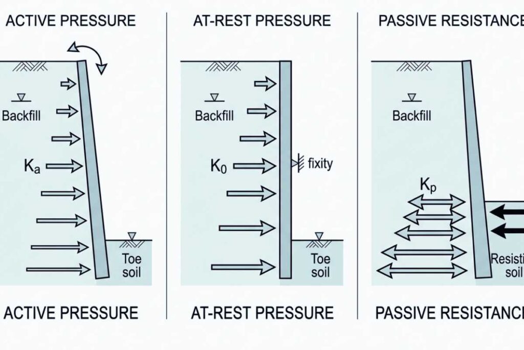 Three-panel diagram comparing active, at-rest, and passive lateral earth pressure states showing how wall movement determines which pressure coefficient governs design.