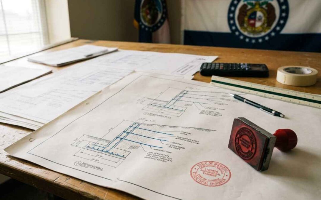 PE-stamped structural drawings for a Missouri retaining wall showing cross-section details and engineering calculations on a drafting table.