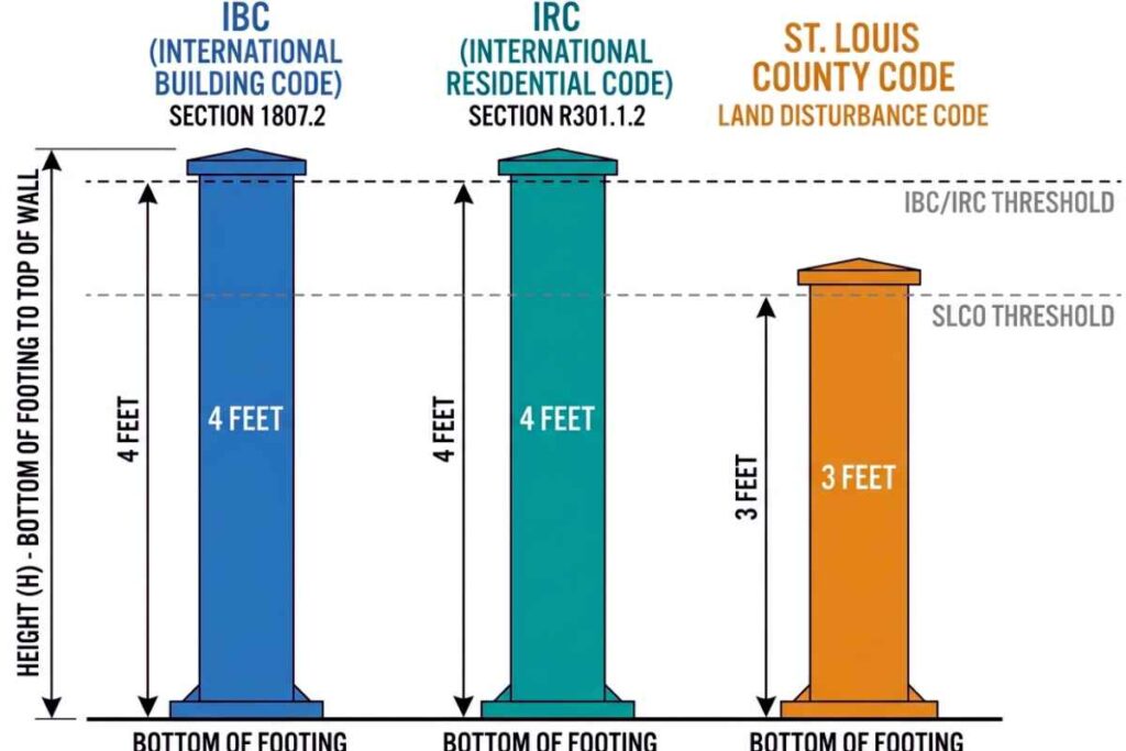 Comparison bar diagram showing IBC, IRC, and St. Louis County retaining wall height thresholds: 4 feet for IBC and IRC, 3 feet for SLCO