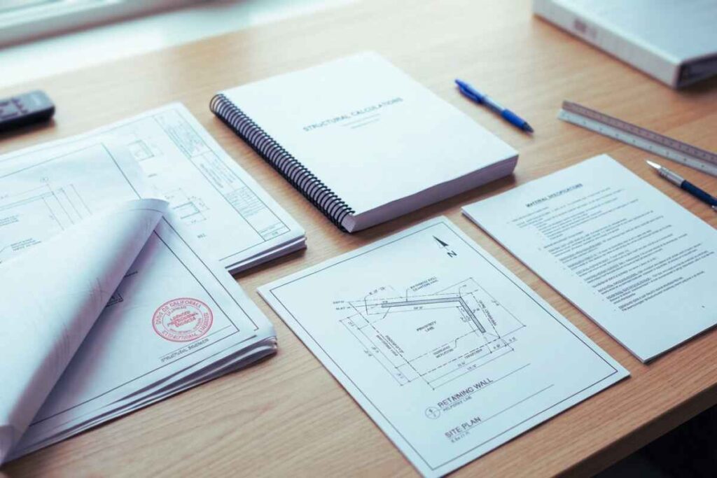 Flat-lay of a PE-stamped retaining wall engineering package including structural drawings, bound calculations, site plan, and material specifications.