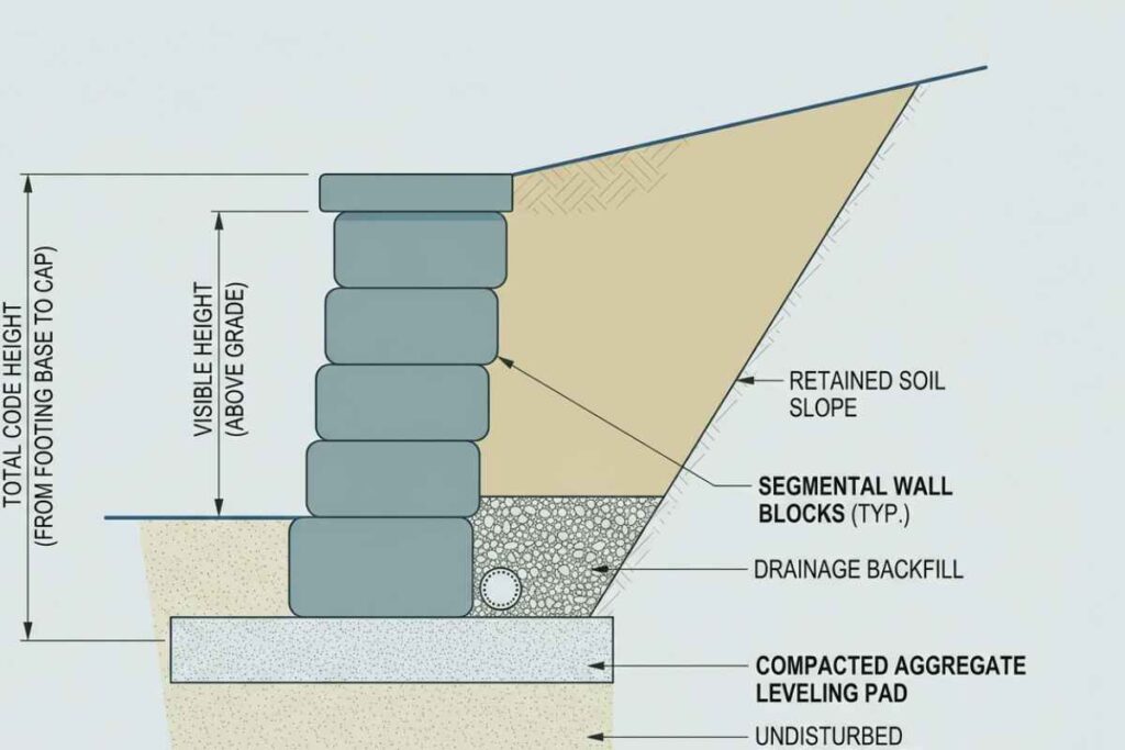 Cross-section diagram of a segmental retaining wall showing buried footing and code measurement from footing base to cap versus visible height above grade.