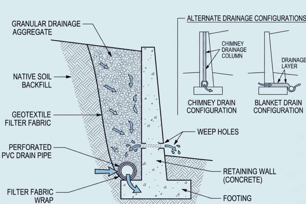 Cross-section diagram of retaining wall drainage system showing aggregate zone, perforated drain pipe, filter fabric, and weep holes and their spatial relationships.