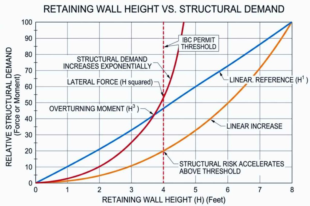 Line chart showing lateral force scaling as H-squared and overturning moment scaling as H-cubed against wall height, with the 4-foot IBC threshold marked.