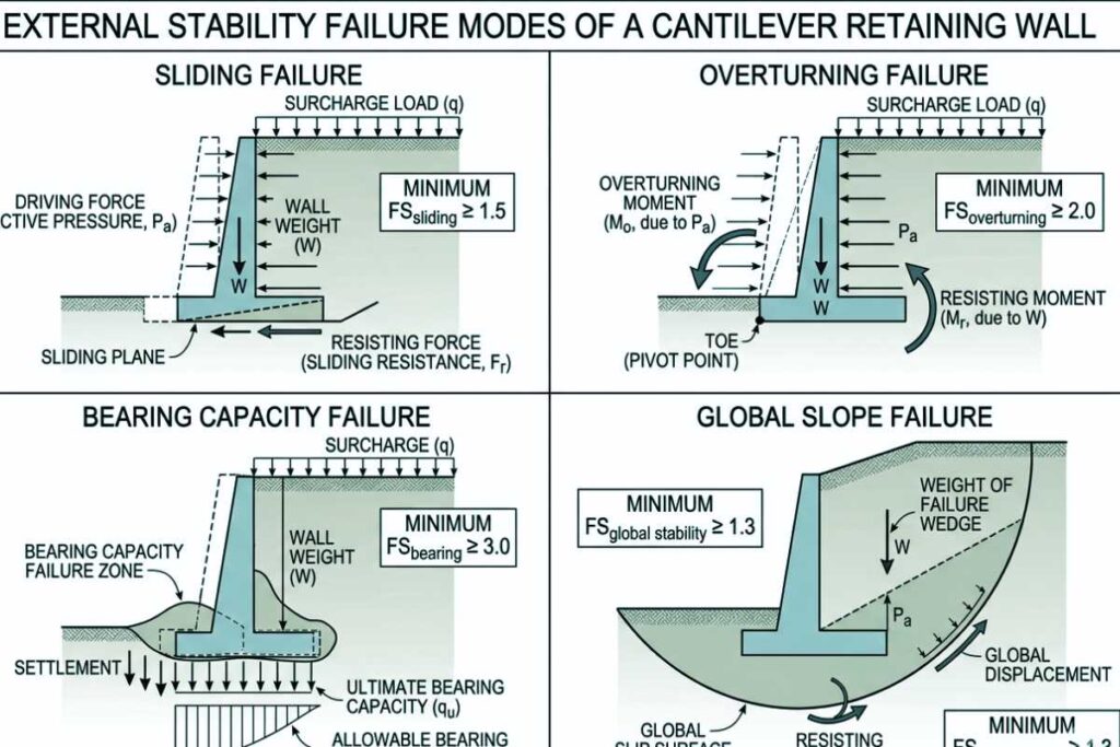 Four-panel diagram showing retaining wall sliding, overturning, bearing capacity, and global slope failure modes with labeled minimum factors of safety.
