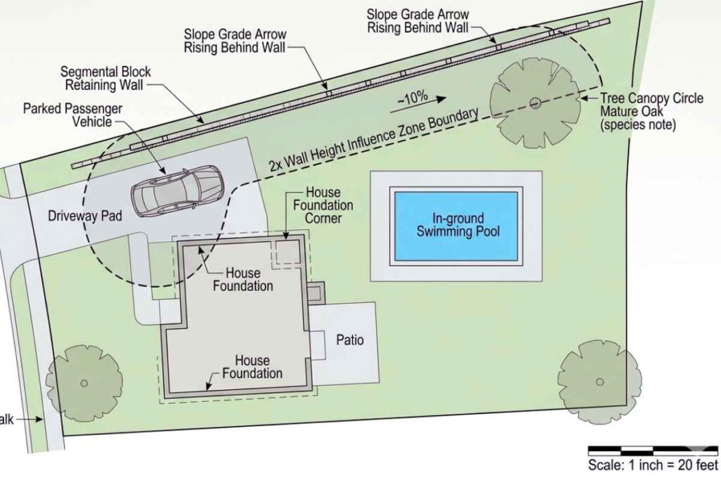 Site plan diagram showing common retaining wall surcharge sources within the 2x wall height influence zone: driveway, foundation, pool, slope, fence, and tree. File Name: retaining-wall-surcharge-conditions-influence-zone-diagram.png