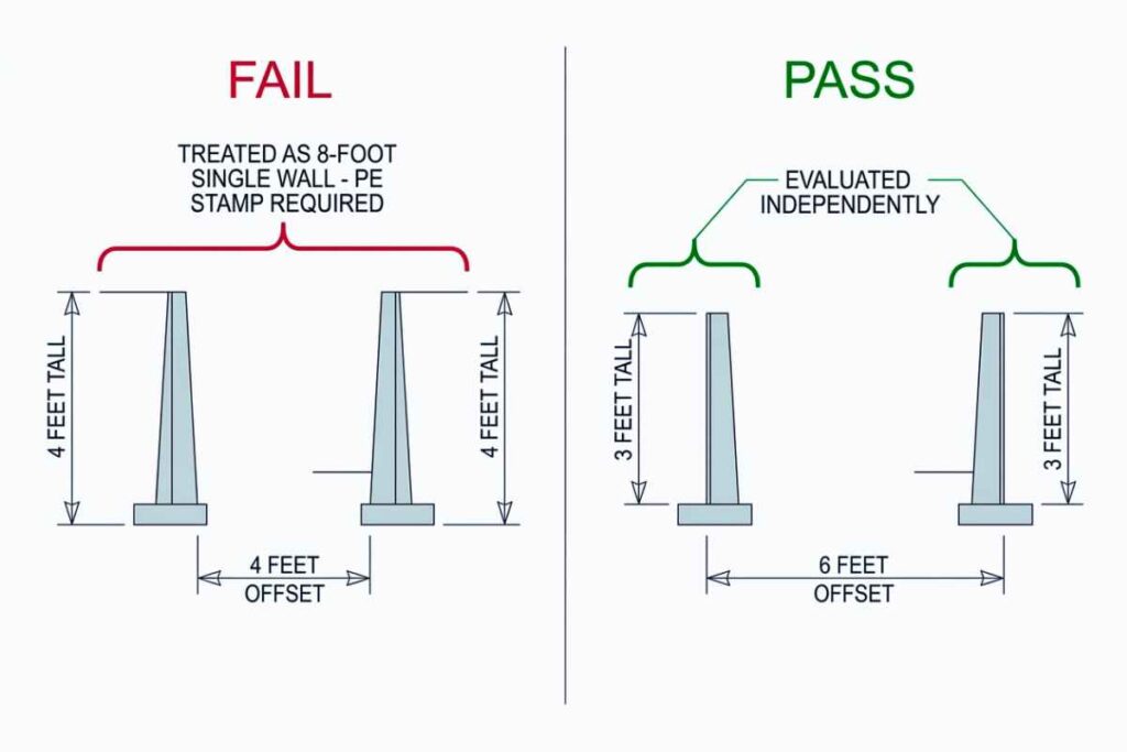 Side-by-side diagram comparing a failing tiered wall configuration (two 4-foot walls 4 feet apart) with a passing configuration (two 3-foot walls 6 feet apart).