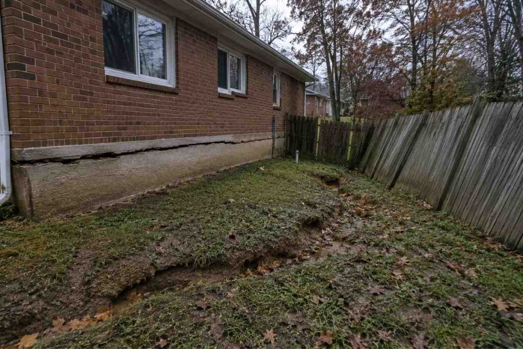Foundation crack and subsidence depression on uphill residential property caused by adjacent retaining wall failure in St. Louis suburb