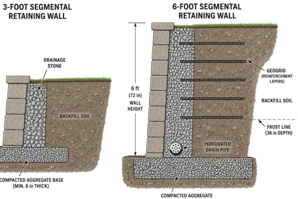 Cross-section comparison showing short gravity retaining wall without geogrid next to tall engineered wall with geogrid layers and drainage system