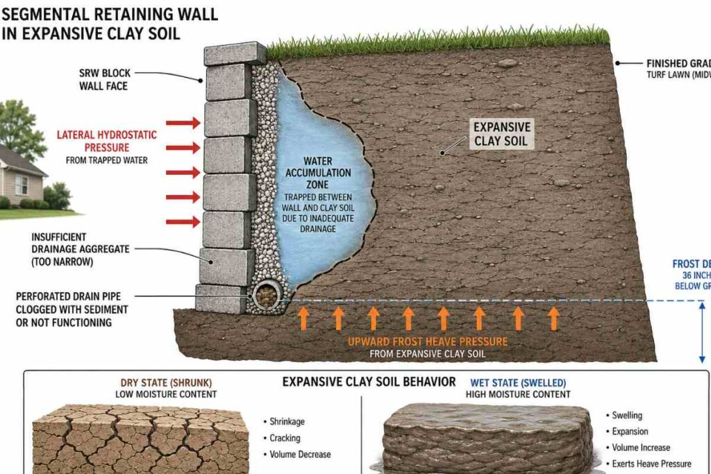 Cross-section diagram showing water trapped behind retaining wall in clay soil with arrows indicating lateral hydrostatic pressure and upward frost heave forces