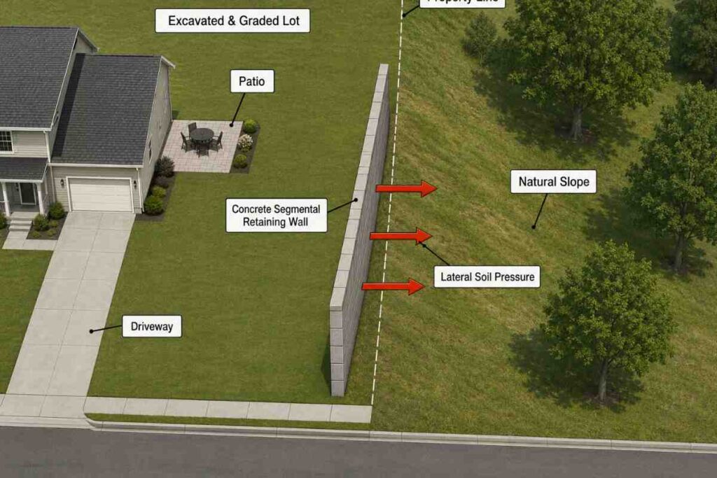 Diagram showing lateral soil pressure from an excavated improved lot toward an adjacent natural lot across a shared Missouri property line