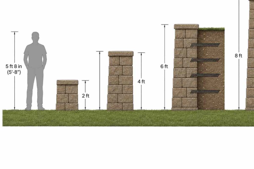 our retaining walls at 2, 4, 6, and 8 feet shown side by side with human figure for scale showing increasing structural complexity