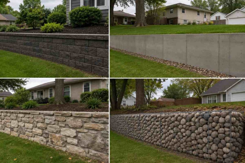 Four-panel comparison showing SRW block, poured concrete, natural stone, and gabion retaining walls installed in residential settings