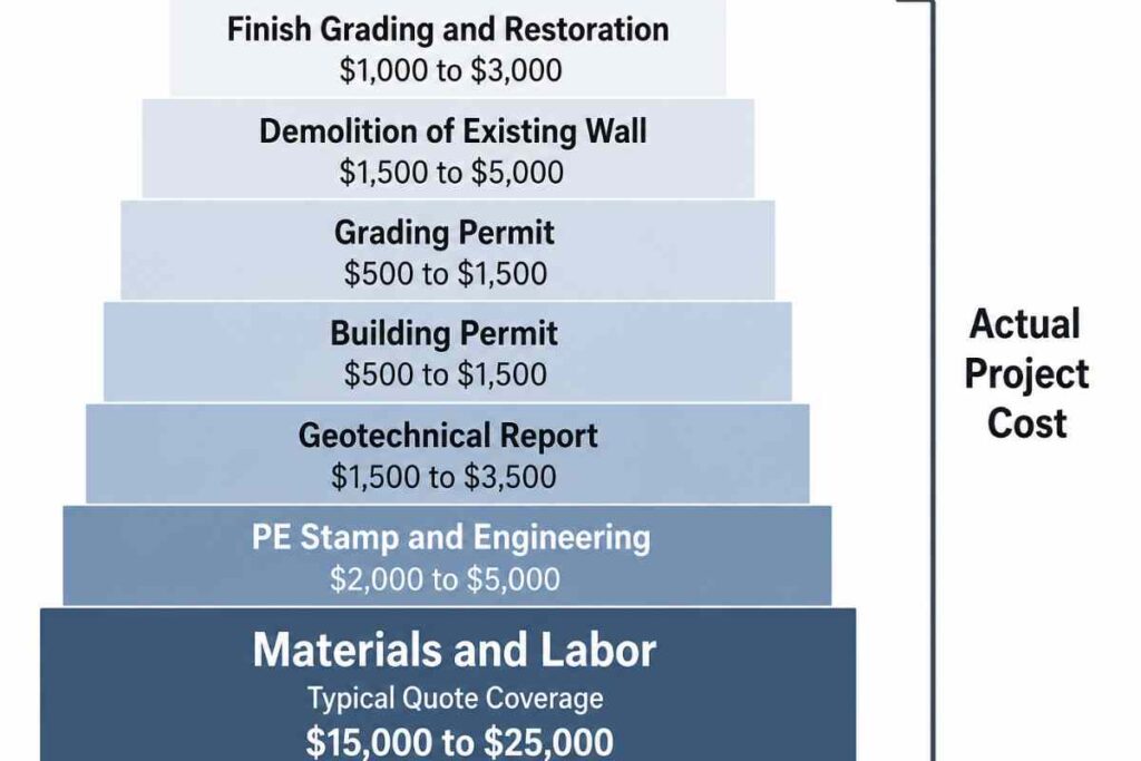 Stacked diagram showing retaining wall project costs including engineering, permits, geotechnical report, demolition, and restoration layered above base materials and labor quote