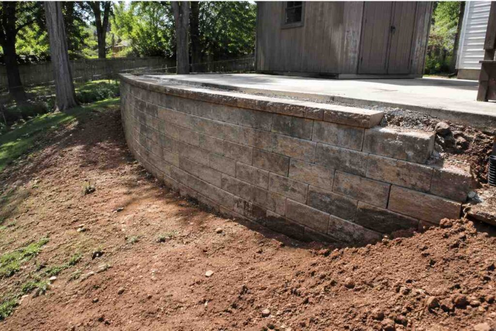 Residential retaining wall with concrete patio and shed on uphill side adding surcharge load above the wall face