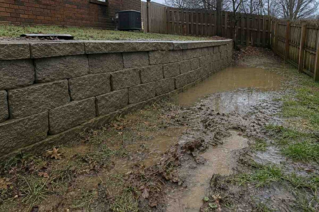 Water pooling at the base of a residential retaining wall with visible lawn erosion and standing water near neighboring property fence