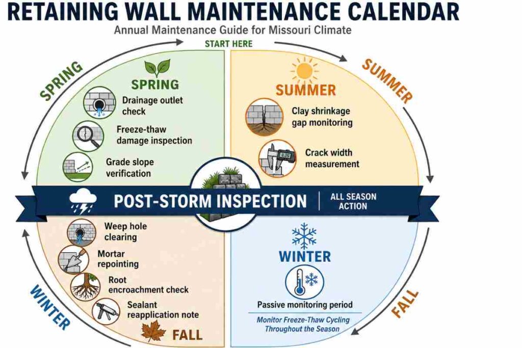 Seasonal maintenance calendar showing spring, summer, fall, and winter inspection tasks for retaining wall upkeep