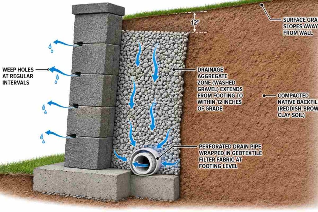 Cross-section diagram showing perforated drain pipe, filter fabric, gravel backfill, and weep holes installed behind a retaining wall