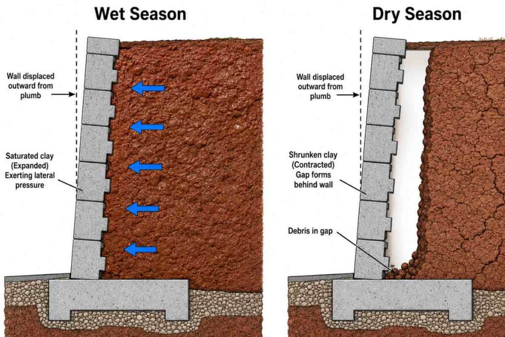 Cross-section diagram showing how seasonal clay expansion and contraction generates cumulative outward wall displacement
